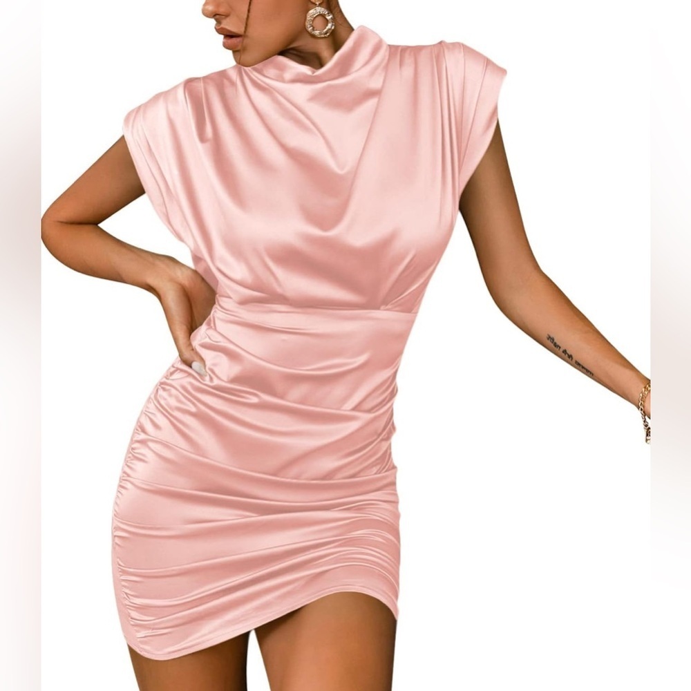 LYANER Women's Satin Silk Shoulder Pad Ruched Bodycon Sleeveless Mini Tank Dress